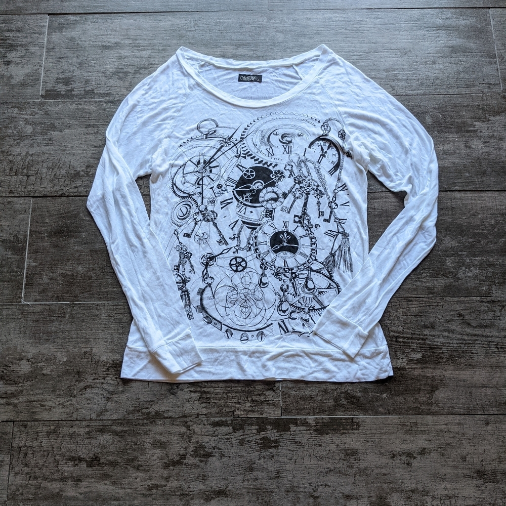 LAUREN MOSHI Clockwork Graphic Long Sleeves Pullover Tee Top Lightweight